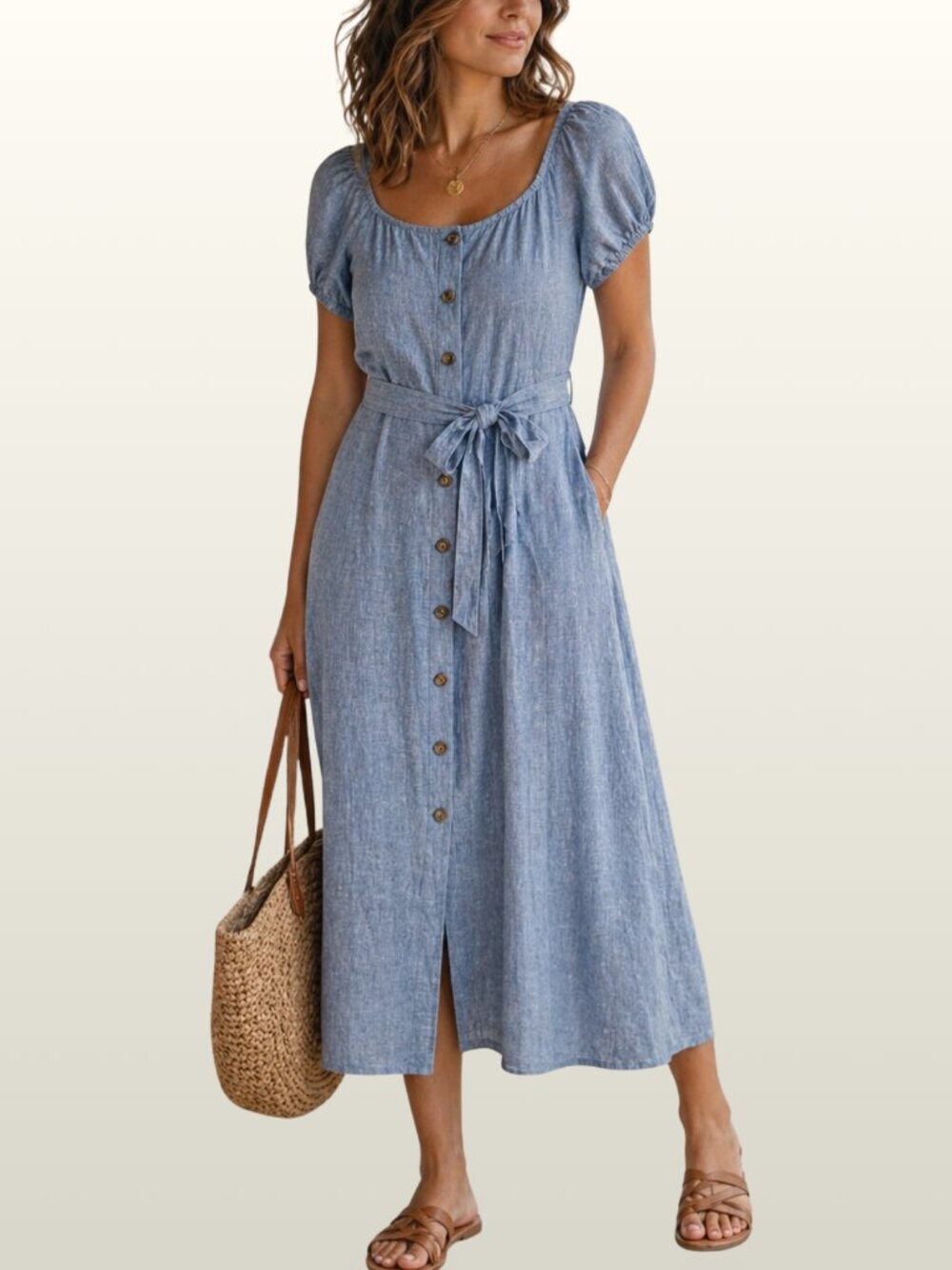 Chambray Linen Cotton Belted Button Front Midi Dress L Coastal Cottagecore EUC